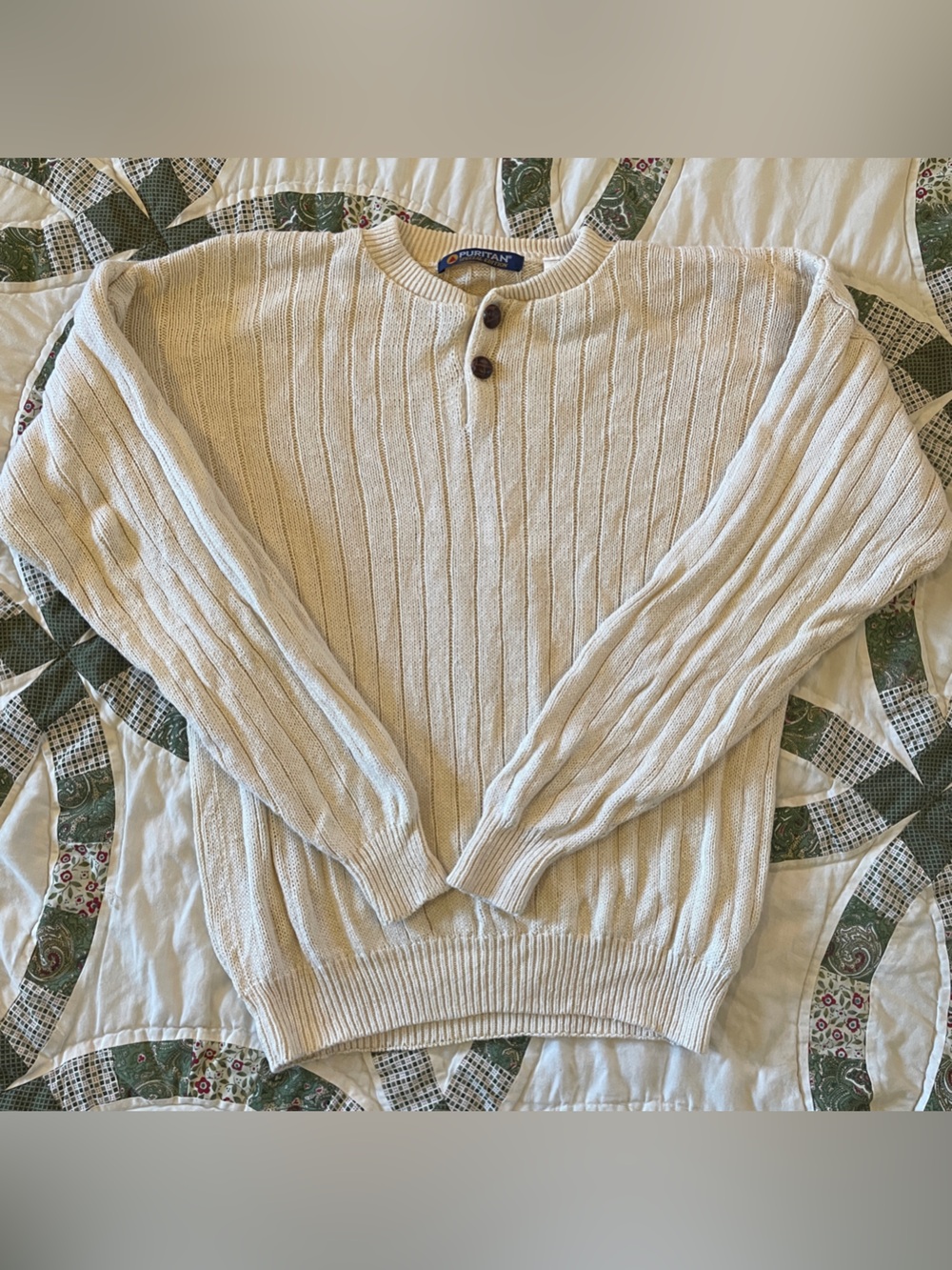 Vintage Puritan Cream Button Detail Knit Sweater Ramie Cotton Size Large